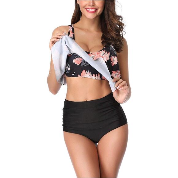 Amstt Two Piece Swimsuit Black Floral Print High Waisted Bathing Suits L NWT - Picture 3 of 3